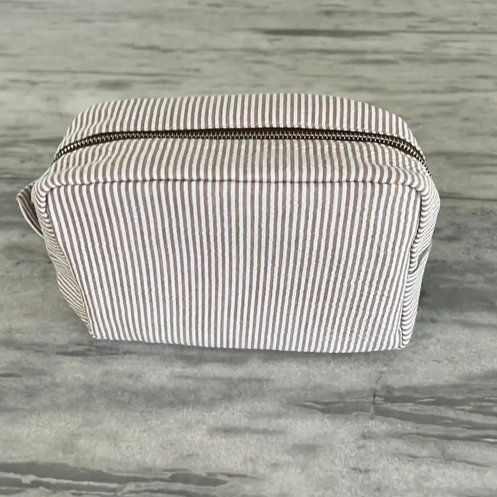 Tan & White Striped Seersucker Travel Cosmetic Bag Zipper Closure